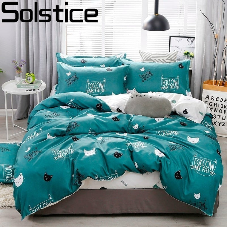 Solstice Cartoon green Printing cat head Children/kid Bedding Sets Duvet Cover Bed Sheet Pillowcase Bed Cover Linens Bedclothes