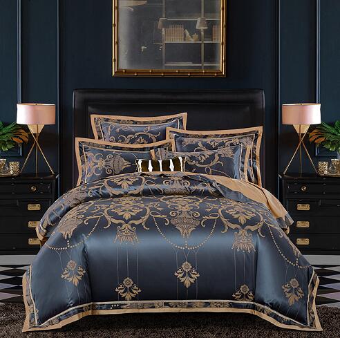Sliver Gold Luxury Silk Satin Jacquard duvet cover bedding set queen king size Embroidery bed set bed sheet/Fitted sheet set