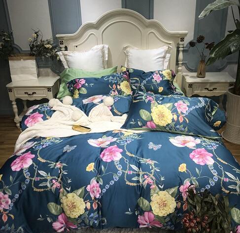 Silky Egyptian cotton Yellow Chinoiserie style Birds Flowers Duvet Cover Bed sheet Fitted sheet set King Size Queen Bedding Set