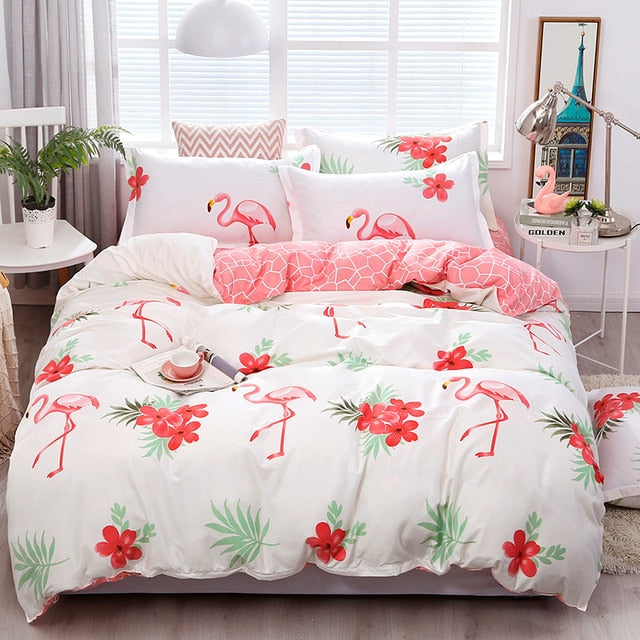 Solstice Cartoon Pink Flamingo Bedding Sets 3/4pcs Geometric Pattern Bed Linings Duvet Cover Bed Sheet Pillowcases Cover Set