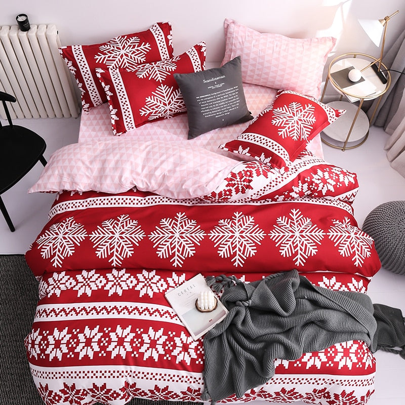 Classic Red Christmas Snowflake Bedding Set Unicorn Bed Linen Duvet Cover Flat Sheet Pillowcase Sets Queen King Twin Full Size