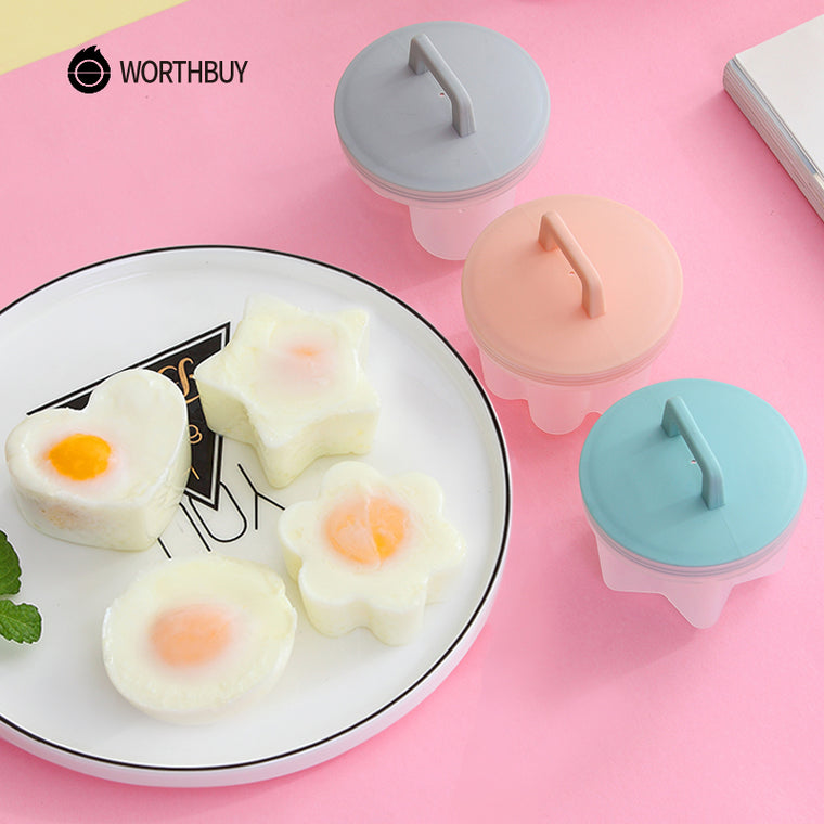 WORTHBUY 4 Pcs/Set Cute Egg Boiler Plastic Egg Poacher Set Kitchen Egg Cooker Tools Egg Mold Form With Lid Brush Pancake Maker