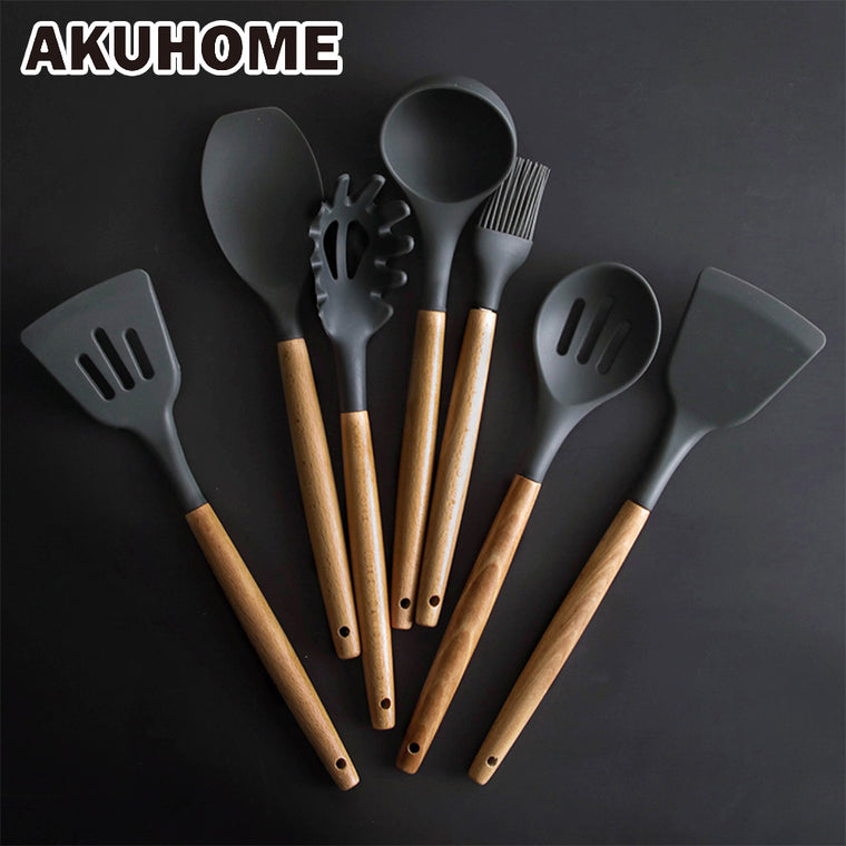 Silicone Kitchen Set Cooking Tools Spatula Shovel Soup Spoon with Wooden Handle Special Heat-resistant Design Utensil Set