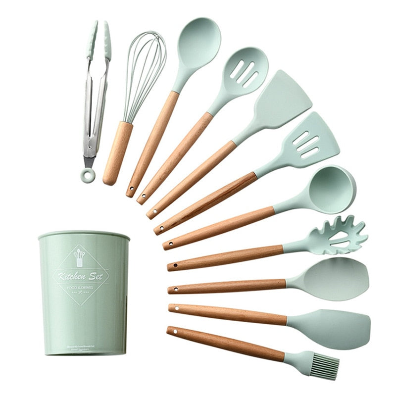 1PC Silicone Wood Turner Soup Spoon Spatula Brush Scraper Pasta Server Egg Beater Kitchen Cooking Tools Kitchenware Green/Black