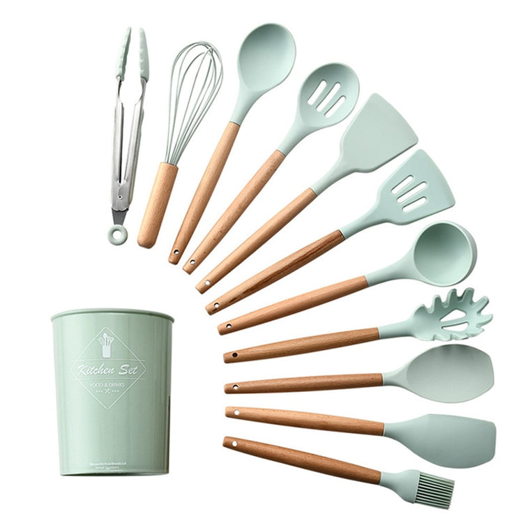 1PC Silicone Wood Turner Soup Spoon Spatula Brush Scraper Pasta Server Egg Beater Kitchen Cooking Tools Kitchenware Green/Black