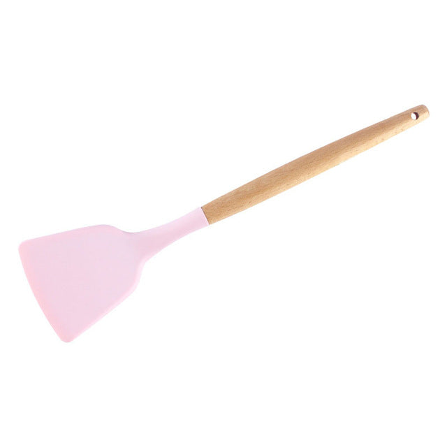 1PC Silicone Wood Turner Soup Spoon Spatula Brush Scraper Pasta Server Egg Beater Kitchen Cooking Tools Kitchenware Green/Black