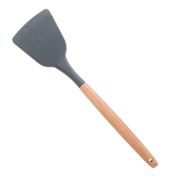 1PC Silicone Wood Turner Soup Spoon Spatula Brush Scraper Pasta Server Egg Beater Kitchen Cooking Tools Kitchenware Green/Black