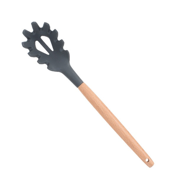 1PC Silicone Wood Turner Soup Spoon Spatula Brush Scraper Pasta Server Egg Beater Kitchen Cooking Tools Kitchenware Green/Black