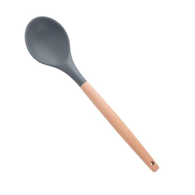 1PC Silicone Wood Turner Soup Spoon Spatula Brush Scraper Pasta Server Egg Beater Kitchen Cooking Tools Kitchenware Green/Black