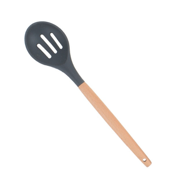 1PC Silicone Wood Turner Soup Spoon Spatula Brush Scraper Pasta Server Egg Beater Kitchen Cooking Tools Kitchenware Green/Black