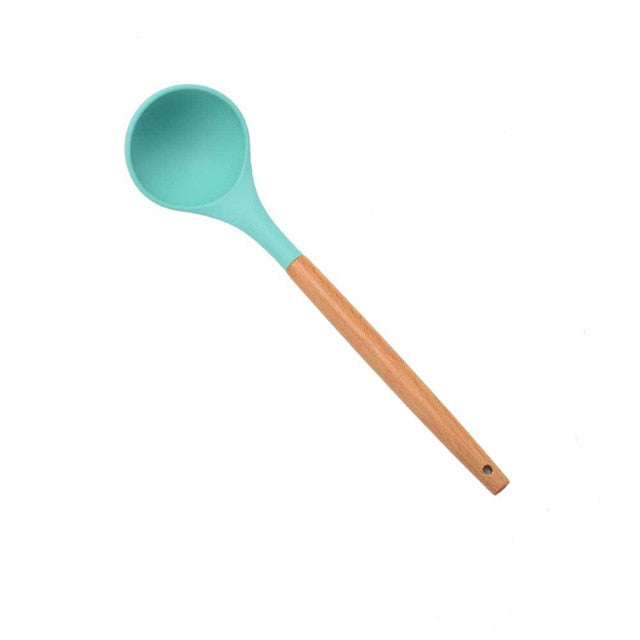 1PC Silicone Wood Turner Soup Spoon Spatula Brush Scraper Pasta Server Egg Beater Kitchen Cooking Tools Kitchenware Green/Black
