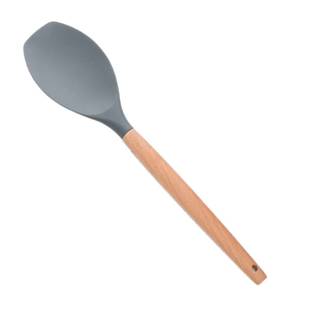 1PC Silicone Wood Turner Soup Spoon Spatula Brush Scraper Pasta Server Egg Beater Kitchen Cooking Tools Kitchenware Green/Black