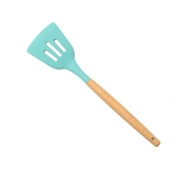 1PC Silicone Wood Turner Soup Spoon Spatula Brush Scraper Pasta Server Egg Beater Kitchen Cooking Tools Kitchenware Green/Black