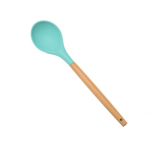 1PC Silicone Wood Turner Soup Spoon Spatula Brush Scraper Pasta Server Egg Beater Kitchen Cooking Tools Kitchenware Green/Black