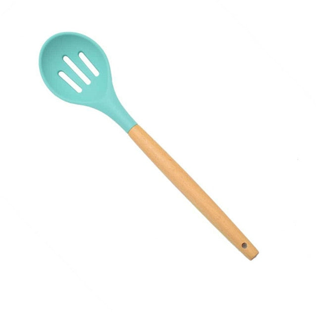1PC Silicone Wood Turner Soup Spoon Spatula Brush Scraper Pasta Server Egg Beater Kitchen Cooking Tools Kitchenware Green/Black