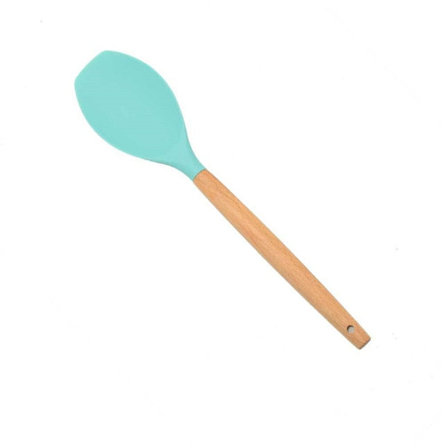 1PC Silicone Wood Turner Soup Spoon Spatula Brush Scraper Pasta Server Egg Beater Kitchen Cooking Tools Kitchenware Green/Black