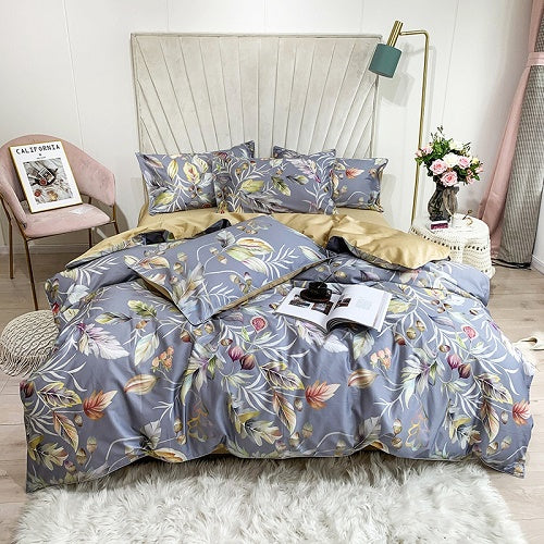 Silky Egyptian cotton Yellow Chinoiserie style Birds Flowers Duvet Cover Bed sheet Fitted sheet set King Size Queen Bedding Set