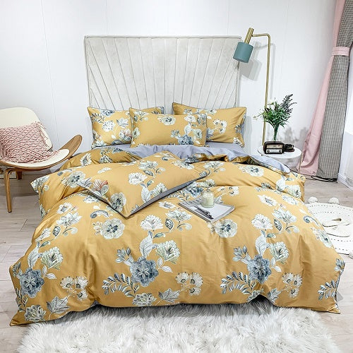 Silky Egyptian cotton Yellow Chinoiserie style Birds Flowers Duvet Cover Bed sheet Fitted sheet set King Size Queen Bedding Set