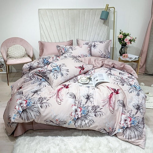 Silky Egyptian cotton Yellow Chinoiserie style Birds Flowers Duvet Cover Bed sheet Fitted sheet set King Size Queen Bedding Set