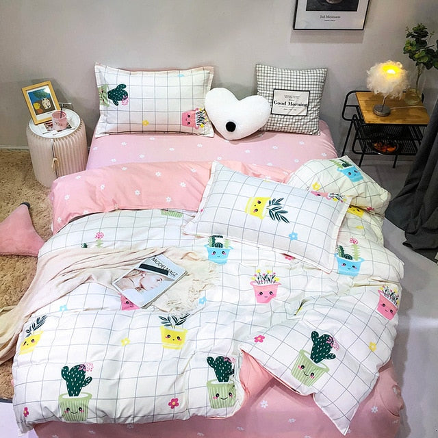 Solstice Cartoon green Printing cat head Children/kid Bedding Sets Duvet Cover Bed Sheet Pillowcase Bed Cover Linens Bedclothes
