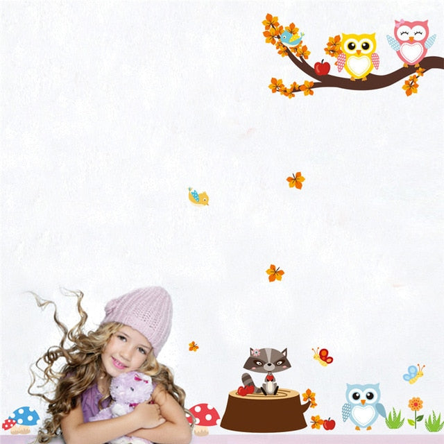 Cartoon Forest Tree Branch Animal Owl Monkey Bear Deer Wall Stickers For Kids Rooms Boys Girls Children Bedroom Home Decor