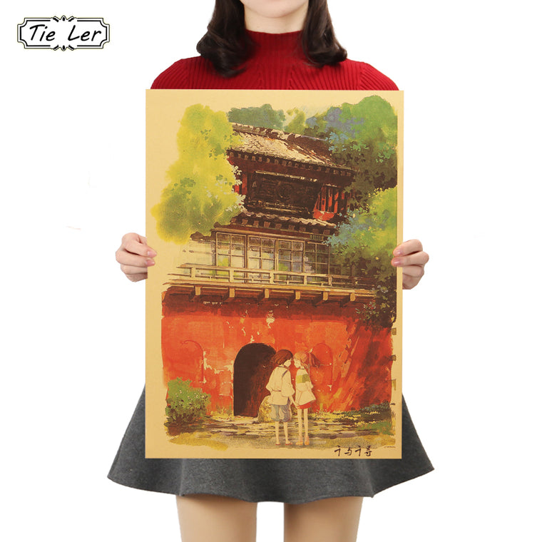 TIE LER Spirited Away D Style Kraft Paper Classic Cartoon Film Poster Home Decor Wall Sticker 50.5X35cm