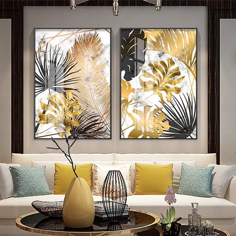 Nordic plants Golden leaf canvas painting posters and print wall art pictures for living room bedroom dinning room modern decor