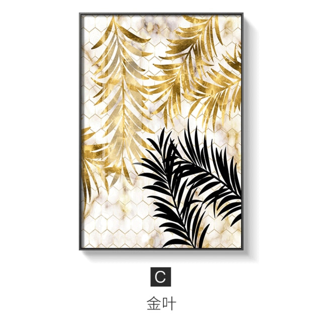 Nordic plants Golden leaf canvas painting posters and print wall art pictures for living room bedroom dinning room modern decor