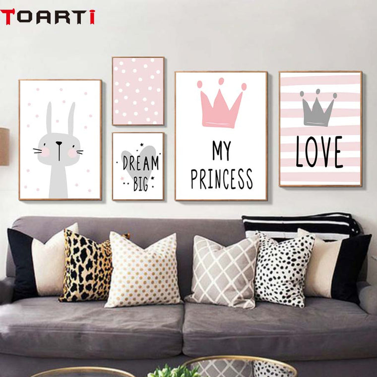 Pink Cartoon Nursery Girl Wall Picture Poster Print Rabbit Crown Baby Room Modern Canvas Painting Kids Children Wall Art Mural