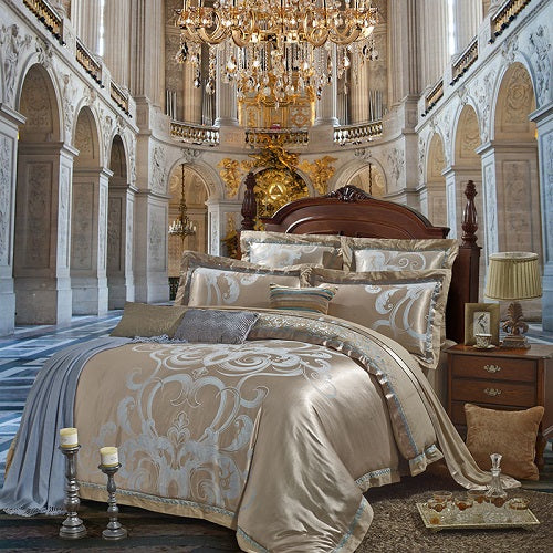 Sliver Gold Luxury Silk Satin Jacquard duvet cover bedding set queen king size Embroidery bed set bed sheet/Fitted sheet set